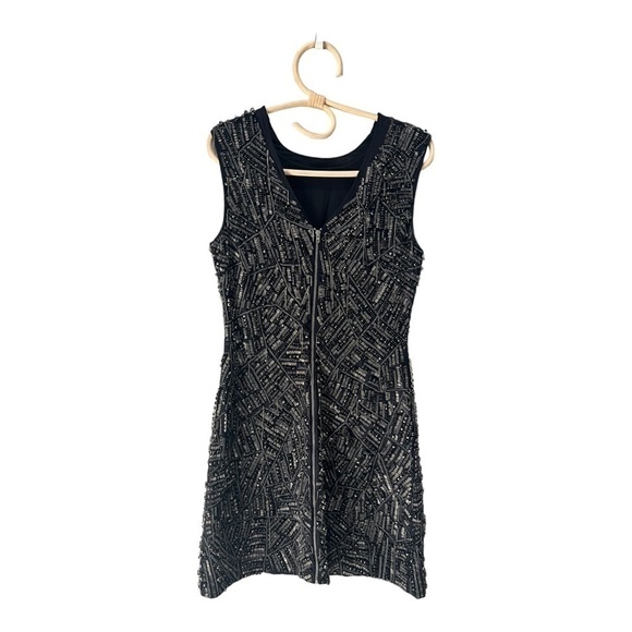 Black Silver Intricate Beaded Sleeveless Cocktail Mini Dress Full Back Zipper S4 - Picture 4 of 16